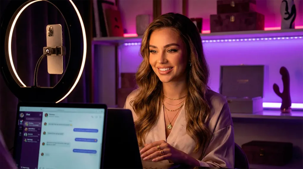 Роскошная девушка с макияжем и золотыми украшениями работает за ноутбуком при интимном освещении кольцевой лампы. Аспирационный образ успешной модели или топ-чатера онлифанс работа