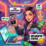 Креативная иллюстрация успешной девушки, которая делает селфи с телефоном и ноутбуком на фоне летящих денег и лайков. Визуализация высокооплачиваемой работы на Онлифанс, вакансий веб-модели, секстера и оператора чата