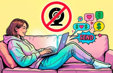 Комикс-иллюстрация работы чатером: счастливая девушка печатает на ноутбуке, над ней перечеркнутый символ веб-камеры, из экрана вылетают символы денег и сообщений